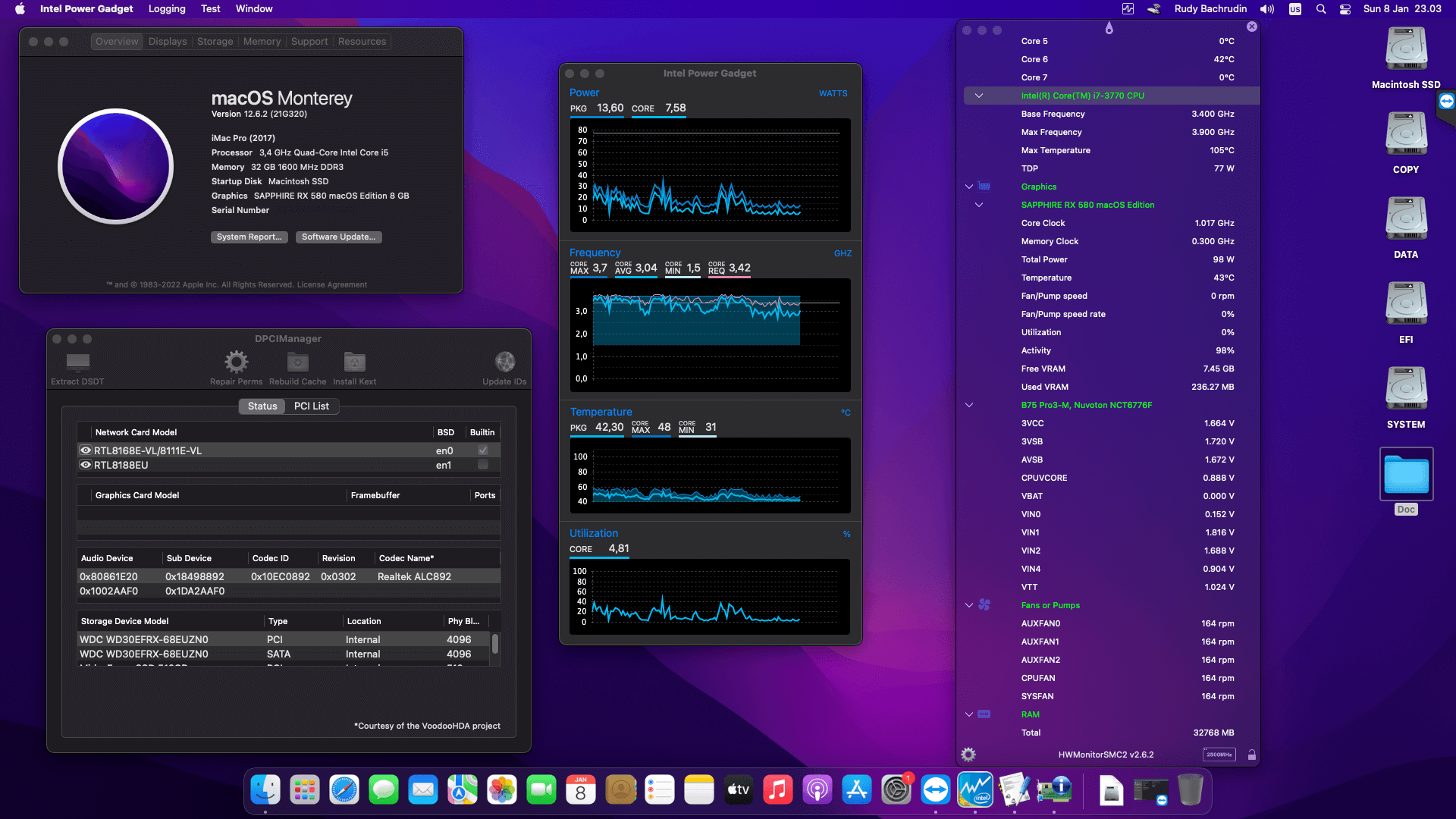 Success Hackintosh macOS Monterey 12.6.2 Build 21G320 in Asrock B75 Pro3-M + Intel Core i7 3770 + Sapphire RX 580